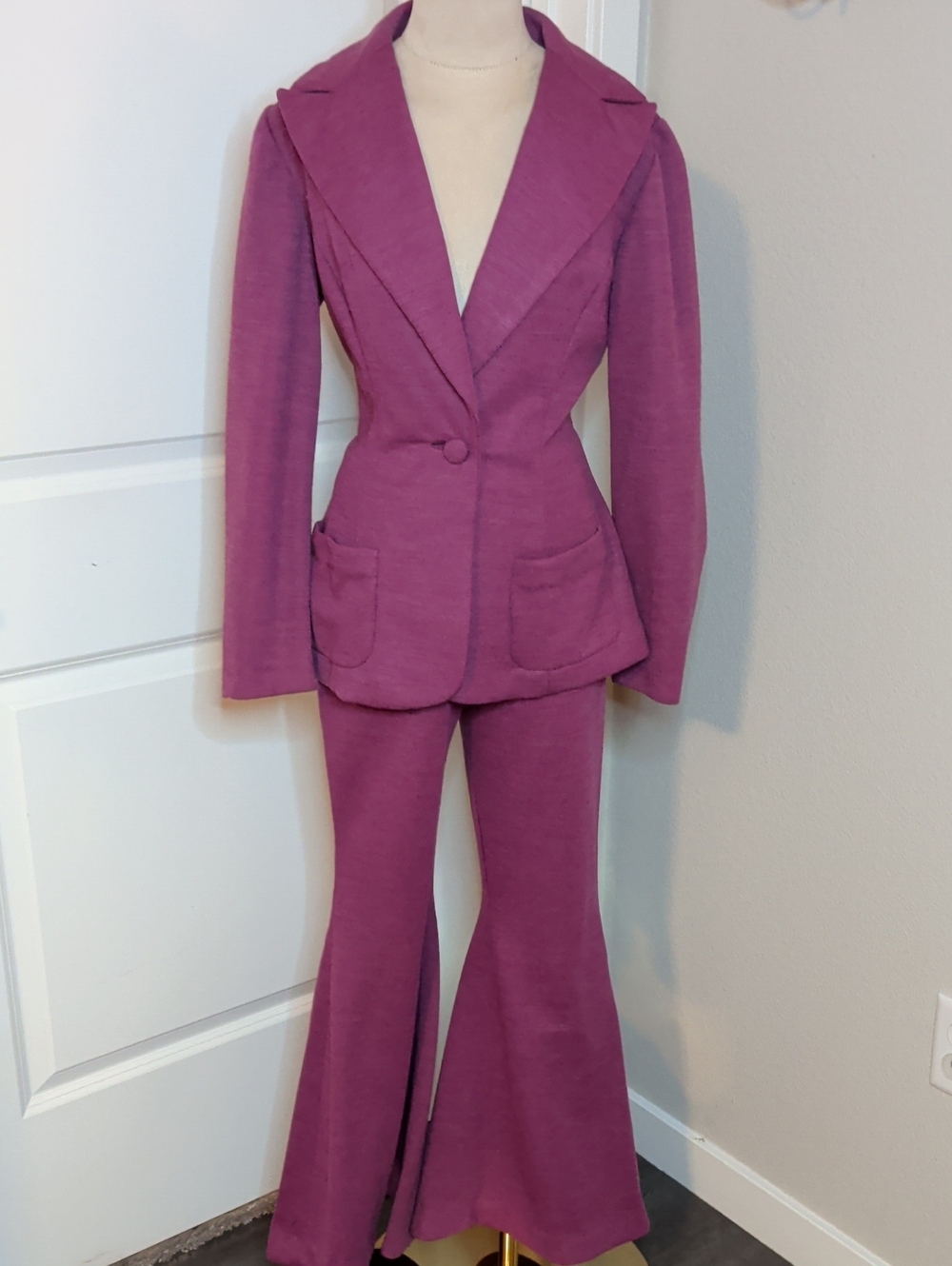Vintage 70s Handmade Bell Bottom Pantsuit Rose Color Pants & Blazer SZ Small